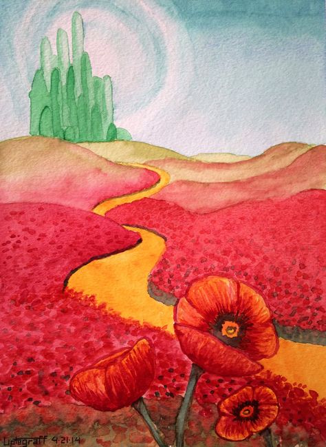 Poppies Outside the Emerald City by LevyTheMachine.deviantart.com on @DeviantArt Wizard Of Oz Watercolor Art, Emerald City Painting, Wizard Of Oz Watercolor, Wizard Of Oz Artwork, Poppy Field Drawing, Wizard Of Oz Painting, Fairytale Tattoo, Wizard Of Oz Art, Wizard Of Oz Decor