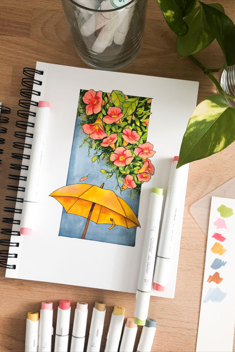 This vibrant illustration showcases a beautiful scene created with Ohuhu alcohol markers. The artwork features a bright yellow umbrella surrounded by lush green leaves and blooming flowers, set against a serene blue background. The combination of colors brings a cheerful and refreshing vibe, perfect for brightening up any space. Ideal for art enthusiasts and those looking for inspiration, this piece captures the essence of spring and the joy of nature. #Ohuhu #Markers #coloring Alcohol Marker Landscape Drawings, Alcohol Based Markers Art, Marker Design, Journal Designs, Marker Color, Markers Drawing Ideas, Ohuhu Markers, Daisy Wallpaper, Brush Markers