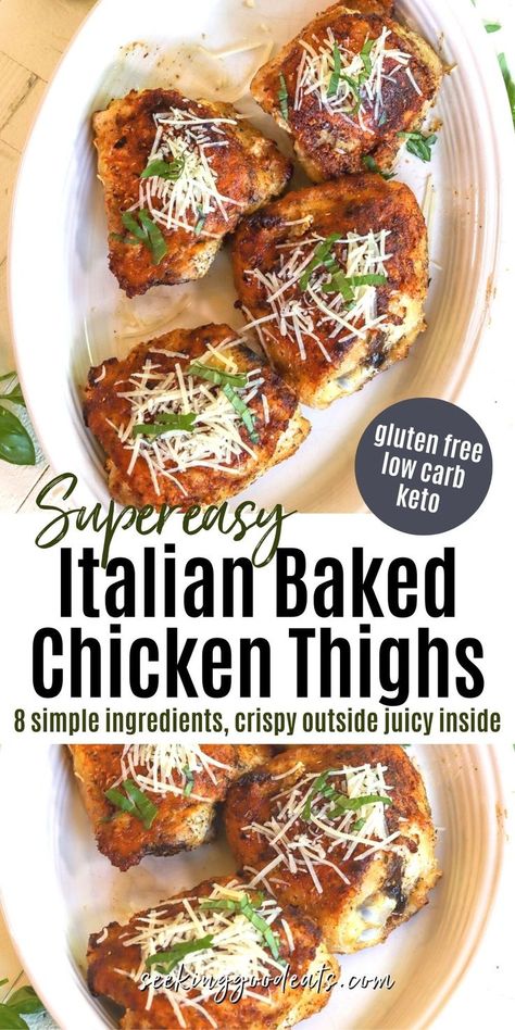 Italian baked chicken thighs are super easy to make, flavorful, tender on the inside and crispy on the outside. 😀This healthy chicken recipe is sure to be a family favorite. This recipe is gluten free, low carb, and keto. Keto chicken thighs are so delicious! Chicken Thigh Parmesan Recipe, Healthy Chicken Recipe, Best Chicken Thigh Recipe, Keto Chicken Thighs, Keto Chicken Thigh Recipes, Italian Baked Chicken, Crispy Baked Chicken Thighs, Low Carb Chicken Recipes, Parmesan Recipes