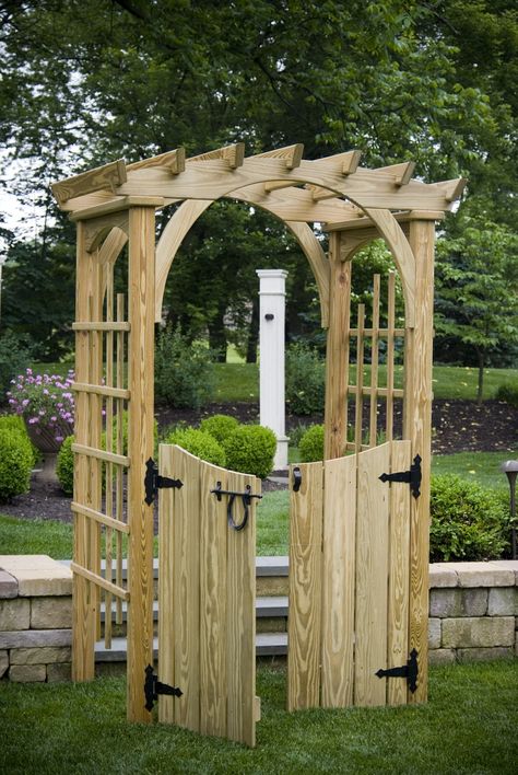 Create a stunning entrance to your garden with our wood Roman Gateway Arbor! https://contentstudio.page.link/yqVY #Patiova #OutdoorLiving #Arbors Garden Arches With Gates, Trellis With Gate Entrance, Arbour With Gate, Arbor With Gate, Garden Arbor With Gate, Arbor Gate, Roman Arch, Arch Arbor, Diy Arbour