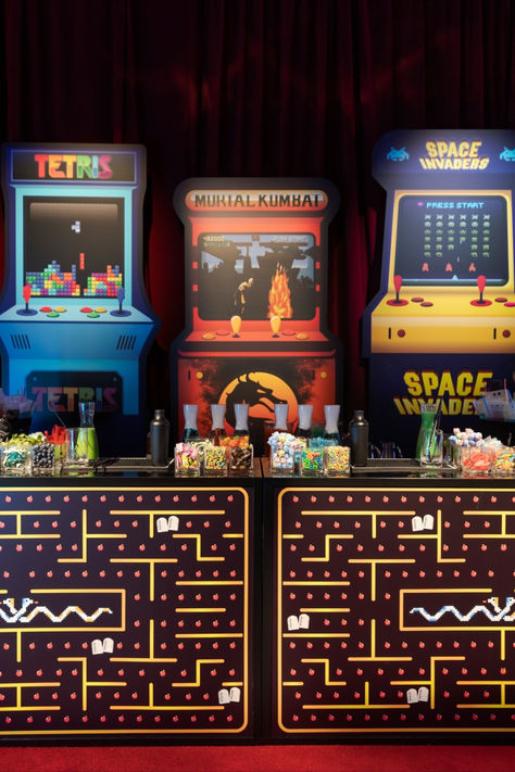 Nostalgic arcade vibes with Tetris, Mortal Kombat, and Space Invaders snack bar setup. Game night goals! Event Space Design, Private Event Space, Bar Setup, Night Bar, Retro Arcade, Space Invaders, Bar Set Up, New Space, Unique Venues