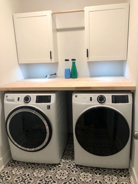 Wood Above Washer And Dryer, Folding Table Above Washer And Dryer, Washer And Dryer Butcher Block, Wooden Shelf Over Washer And Dryer, Small Bathroom Remodel With Washer And Dryer, Laundry Room Folding Table Over Washer, Washer And Dryer Set Up, Table Above Washer And Dryer, Folding Table On Top Of Washer And Dryer