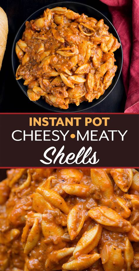 Instant Pot Cheesy Meaty Shells taste almost like a bowl of lasagna pasta! Rich tomato flavor makes the meat sauce delicious. Two kinds of cheese take this pressure cooker Italian pasta dish over the top! simplyhappyfoodie.com #instantpotrecipes #inatantpotpasta #instantpotlasagnapasta #pressurecookeritalianpasta Meaty Pasta, Lasagne Pasta, Cheesy Food, Lasagna Gardening, Instant Pot Pasta Recipe, Italian Pasta Dishes, Lasagna Pasta, Pasta Pot, Best Instant Pot Recipe