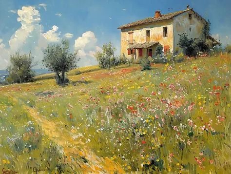 ↑↑↑ Larger size on website 🔸 The painting depicts a quaint countryside scene. A charming house sits atop a hill, surrounded by a  🔸 From Midjourney AI Image Meandering Path, House Flowers, Charming House, Countryside House, A Hill, White Clouds, House On A Hill, House Painting, Tuscany