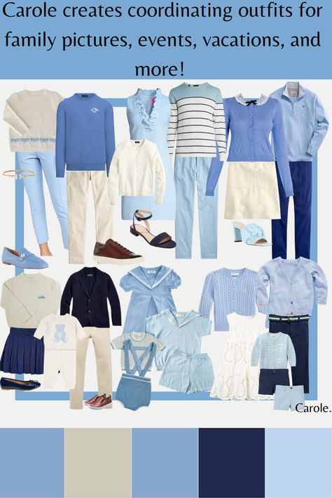 Complete outfits, ready to shop! Ready made coordinating clothes for women, men, and children. All you do is select what you want and check out! Perfect for your family's needs and style preferences - whether preppy, formal, modern, or somewhere in-between! Perfect for family pictures, family events, family vacations, and more! Light Blue Matching Colors Outfit, Light Blue Combination Outfit, Light Blue Family Pictures Outfits, Blue And White Family Photo Outfits, Light Blue Colour Combination, Light Blue Outfit Ideas, Family Portrait Photography Poses, Preppy Family, Blue Outfit Ideas