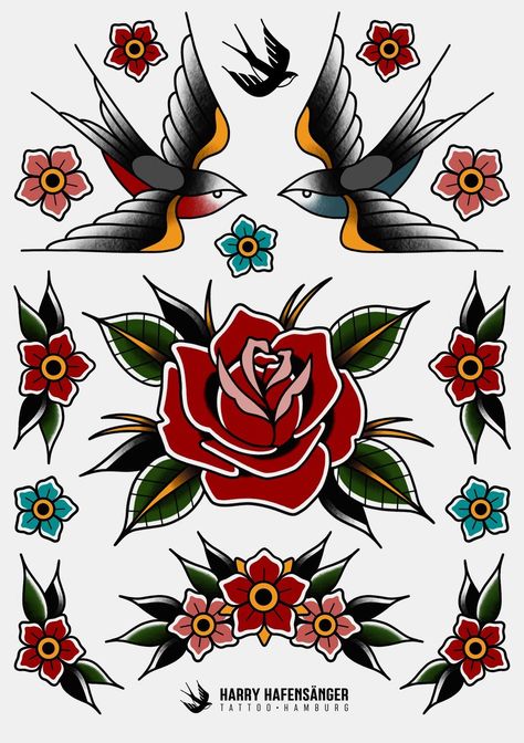 Vintage Rose Tattoo Old School, Rose Tattoo Traditional Old School, American Classic Flower Tattoo, American Traditional Flower Tattoo Flash, American Traditional Rose Tattoo Design, Traditional Flower Tattoo Color, American Style Tattoo Traditional, Traditional Roses Tattoo Design, Traditional Style Flower Tattoo