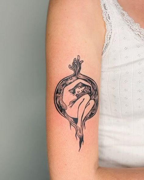 Dylan Aiello on Instagram: "Dec books open! 📖 I’ve had some ask for this tattoo as: girl in the radish, girl in the pomegranate, and girl in the onion. Tell me what it looks like to you in the comments! My original drawing based on public domain reference from Jugend magazine 1897" Pomegranate Tattoo, Art Deco Tattoo, Fruit Tattoo, History Tattoos, Pin Up Tattoos, Tattoo Portfolio, The Onion, Baby Tattoos, Dream Tattoos