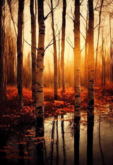 Nature photography, Autumn Birch Trees in a beautiful swamp, dappled sunlight, by Joseph Filer and Jess Lee, cinematic lighting Dappled Light Photography, Dappled Sunlight, White Birch Trees, Autumn Leaves Art, Birch Tree Art, Photography Autumn, Cinematic Lighting, Dappled Light, Forest Painting