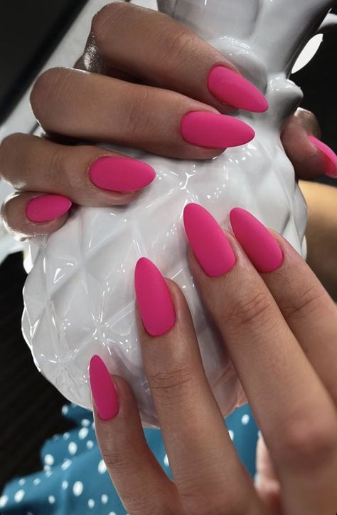 Matt Pink Nails, Bright Pink Almond Nails, Spring Nails Solid, Shapes For Short Nails, Pink Matte Nails, Neon Coral Nails, Nails Solid Color, Bright Pink Nails, Matte Pink Nails