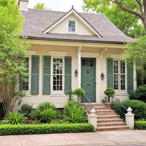 40 Exterior House Colors & Schemes for Lasting Beauty Blue House With Cream Trim, Vinyl Shaker Siding Exterior, Pale Yellow House With Shutters, Ivory House Exterior Color Schemes, Shutter Paint Colors Exterior, Beige House Green Shutters, Light Yellow Exterior House Colors, Vertical Siding Exterior Color Schemes, Yellow House Shutter Colors