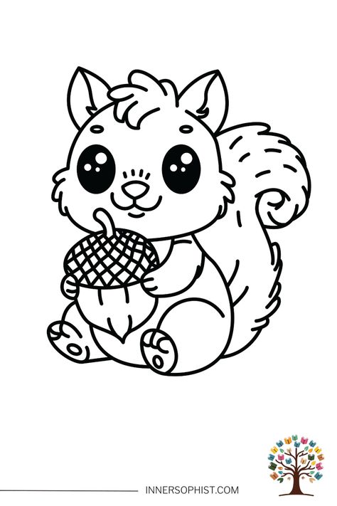 Squirrel with Acorn Coloring Page Squirrel Coloring Page, Fluffy Tail, Large Eyes, Cool Coloring Pages, Free Coloring Pages, The Scene, Free Coloring, Coloring Page, Animal Drawings