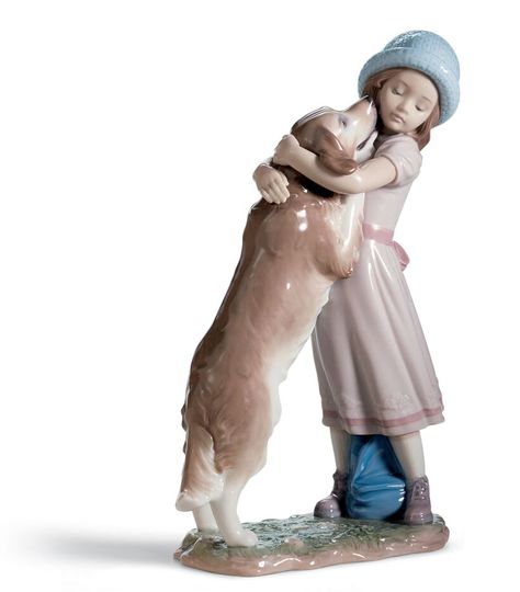 Size: 10½ x 7¼" Tamaño: 26 x 18 cm Year 2002  They're the best of friends. No one could greet the girl better than her beloved pet, overjoyed to be back by her mistress' side. A piece of glossy porcelain, decorated in pastel colours, ideal for giving, collecting or decoration.  #lladro #goldenretriever #bestfriend #girl #love #gift #handcrafted #collectible #porcelain #decoration #art Porcelain Dog, Lladro Porcelain, Best Of Friends, Lladro Figurines, Porcelain Art, Pastel Colours, Blue Hat, Dog Figurines, Creative Decor