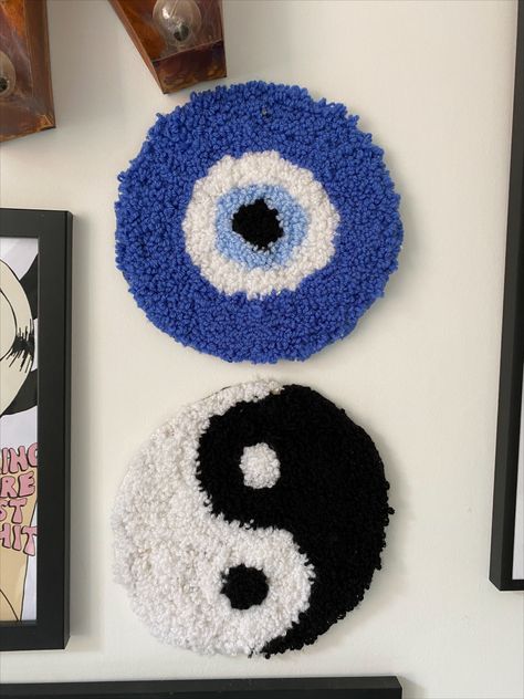 Evil Eye and Yin Yang handmade punch needle wall hangings by a rug club Evil Eye Punch Needle, Punch Needle Aesthetic, Punch Needle Rugs, Evil Eye Rug, Evil Eye Embroidery, Punch Needle Designs, Punch Rugs, Punch Needle Wall Hanging, Embroidery Punch Needle