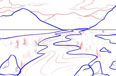 How To Draw A Field, Step by Step, Drawing Guide, by Dawn | dragoart.com Basic Landscape, River Drawing, Drawing Landscapes, Landscape Drawing Easy, Landscape Sketch, Drawing Guide, Pencil Drawings Easy, 3d Drawings, 수채화 그림