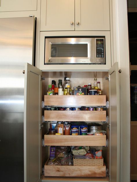 Kitchen Microwave Storage Design, over small pantry Microwave In Pantry, Pantry Redo, Microwave Storage, No Pantry Solutions, Microwave Cabinet, Microwave Shelf, Built In Pantry, Kitchen Transitional, Kitchen Improvements