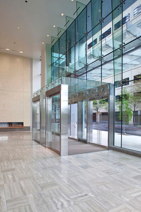 First & Main - Structural Glass Wall Systems, Glass Enclosure | Architectural Glass Projects | Stella Custom Glass Hardware, Inc. Building Entrance Design, Curtain Wall Detail, Glass Wall Systems, Custom Shower Doors, Glass Hardware, Double Glass Doors, Facade Material, Building Entrance, Glass Curtain Wall