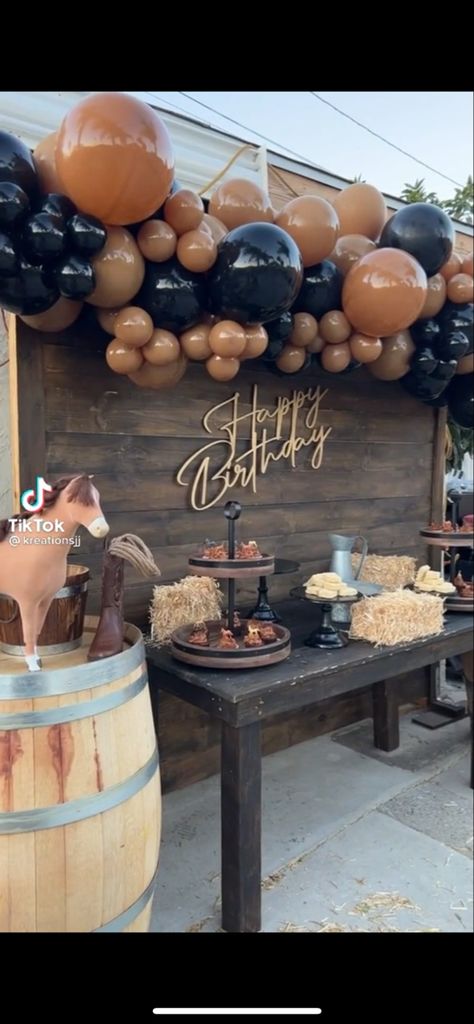 Black Rodeo Party, Black And Brown Party Decorations, Cowboy Birthday Party Outfit, 21st Birthday Ideas Western, Western 50th Birthday For Men, Western Party Decorations For Men, Western Birthday Party Adult, Vaquero Party Ideas, Hoedown Outfits