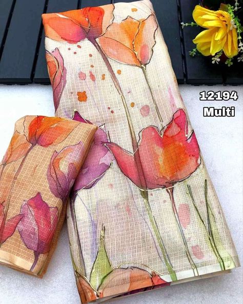 Summer cool floral kota Doria Lenin sarees Fabric details - Soft kota lenin chex with floral digital print comes with foil outline  Blouse - digital printed blouse Cut - 6.30 Available in 6 colours Weight - 340 Grams Dm for order whatsup 8309874411 or Dm to @hansicollections inbox [hansicolletions, chiffonsarees, sareestyling, stylinginspiration, Instagramgrowth, IGGROWTH, INSTAGRAMREACH, designersareeblouses, sareeblousedesigns, indianbride] Dm for order whatsup 830987441... Dream Paintings, Plane Saree, Lenin Sarees, Hand Painted Clothes, Pure Chiffon Sarees, Digital Print Saree, Floral Digital Print, Phone Pay, Alaska Fashion