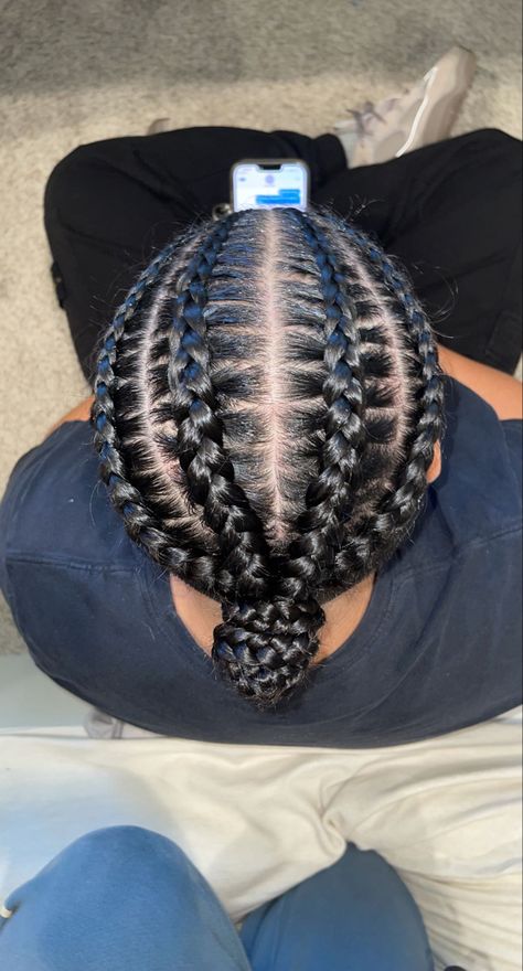 Four corn row braids straight back dark black hair into bun Corn Rolls Braids, Paint Ideas 2023, Corn Roll Hair Styles, Aesthetic Hair Color, Four Braids, Braided Cornrows, Corn Braids, Four Braid, Braids For Men