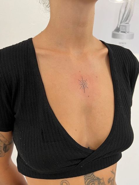 Sparkle Tattoo On Chest, Sparkle Tattoo Sternum, Sparkle Chest Tattoo Female, Chest Sparkle Tattoo, Word Tattoos Chest, Star On Chest Tattoo, Sparkle Tattoo Chest, Star Sternum Tattoo Women, Sparkle Chest Tattoo