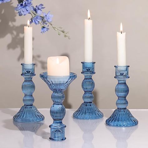 Amazon.com: DARJEN 6"H Blue Candlestick Holders Set of 4 - Taper Candle Holder for Candlesticks and Votive Candles, Vertical Stripe Glass Votive Candle Holders for Wedding, Party, Home Decor & Table Centerpieces : Home & Kitchen Blue Bridal Shower Decorations, Blue Taper Candles, Blue Table Settings, Blue Candlesticks, Blue Candle Holders, Engaged Af, Candle Table Decorations, Bridal Shower Tables, Glass Votive Candle Holders