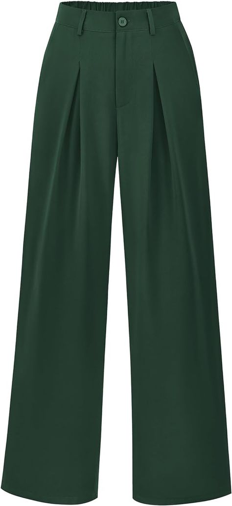 BTFBM Women's Wide Leg Long Pants Business Casual Outfits Front Pleated Trousers Pocketed Button Down Loose Slacks(Solid Green, Medium) at Amazon Women’s Clothing store Green Slacks, Pleated Slacks, Pants Business Casual, Trouser Pocket, Business Pants, Solid Green, Business Work, Pleated Trousers, Busy At Work