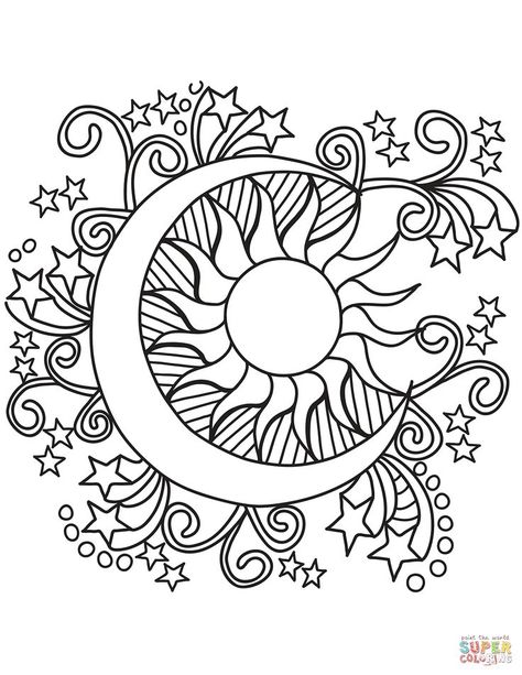 Witchy Coloring Pages Free Printable, Sun Coloring Pages, Shape Coloring Pages, Moon Coloring Pages, Witchy Art, Star Coloring Pages, The Moon And Stars, Inspiration Painting, Free Adult Coloring Pages