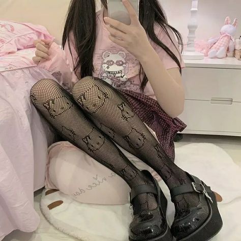 Hello Kitty Tights, Hello Kitty Cat, Black Kawaii, Fashion Kawaii, Sweet Clothes, Fishnet Tights, Women's Socks, Black Stockings, Kawaii Shop