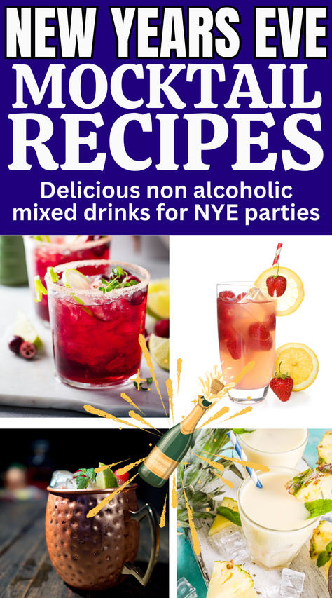 Fancy and delicious mocktail drink recipes for New Year's Eve. Non alcoholic New Years Eve drink recipes for  sober friends and kids. Kid approved nonalcoholic drink ideas that are better than punch! Try these tasty healthy mock tail recipe ideas this holiday season! Best Nonalcoholic Cocktails, New Year’s Eve Mocktail Ideas, New Years Eve Mocktail Recipe, New Year Mocktails For Kids, New Years Eve Drinks Nonalcoholic, Non Alcoholic Drinks New Years Eve, Mock Tail Ideas, New Years Non Alcoholic Punch, New Years Drinks Non Alcoholic