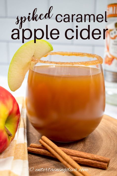 A delicious recipe for spiked apple cider with caramel vodka and spiced rum. This is the perfect drink to warm up your chilly nights this fall! Spiked Caramel Apple Cider, Spiced Rum Drinks, Caramel Apple Cider Recipe, Salted Caramel Vodka, Cider Cocktail Recipes, Homemade Cider, Caramel Apple Cider, Apple Cider Punch, Apple Cider Drink