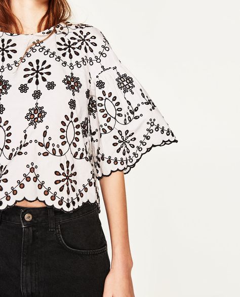 TOP WITH SCHIFFLI EMBROIDERY-View All-TOPS-WOMAN | ZARA United Kingdom Embroidery Top, Fashion Buyer, Womens Tops Summer, Asymmetrical Tops, Embroidered Tshirt, Embroidered Blouse, Street Style Women, Blouse Designs, Floral Tops