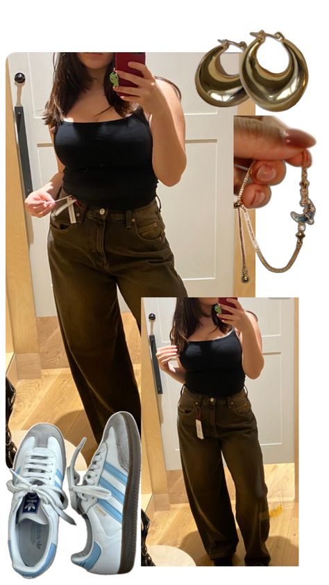 Styling loose dark green straight leg jeans Cute Jeans Outfit, Green Straight Leg Jeans, Cute Outfits With Jeans, Cute Jeans, Jeans Outfit, Jean Outfits, Straight Leg Jeans, Leg Jeans, Dark Green