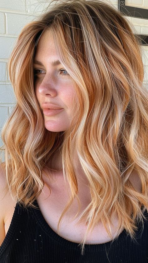 Strawberry Blonde Hair Root Melt, Fall Hair For Cool Skin Tones, Cool Copper Hair Color, Copper Peach Blonde Hair, Cool Toned Copper Hair, Peachy Blonde Hair, Soft Copper Hair, Peach Blonde Hair, Blonde Copper Hair