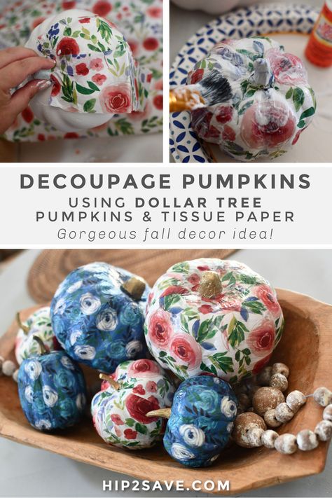 I'm not sure about you, but nothing cheers me up quite like an easy dollar store DIY project, so I'm sharing the cute and easy idea of decorating craft pumpkins using pretty tissue paper and Mod Podge decoupage paste! #diy #falldiy #homedecor #homedecordiy #decoupagepumpkin #decoupage #modpodge #crafts #decorcrafts #pumpkindecor #falldecor Midge Podge Pumpkins, Decopage Ideas Pumpkins, Decoupage Pumpkins With Napkins, Modge Podge Pumpkins, Modge Podge Tissue Paper, Halloween Decoupage, Paper Flower Basket, Tissue Paper Decoupage, Spray Paint Crafts