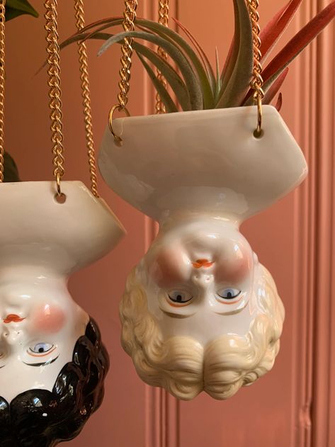 Large Antique Porcelain Doll Bust Hanging Planter With Gold Chain For Air Plants Large Hanging Planters, Mason Jar Herb Garden, Mason Jar Planter, Curly Black Hair, Ceramic Wall Planters, Concrete Succulent Planters, Whale Decor, Antique Porcelain Dolls, Handmade Ceramic Planters