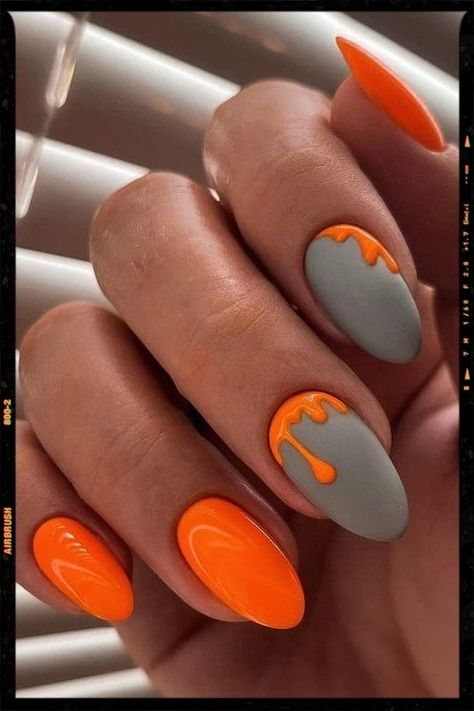 Almond Nails - Orange Nails - Acrylic Nails Yellow Gray Nails, Orange And Gray Nails, Grey And Orange Nails, Candy Corn Nails, Neon Orange Nails, Pumpkin Spice Everything Nice, Popular Nail Colors, App Filter, Orange Nail Designs