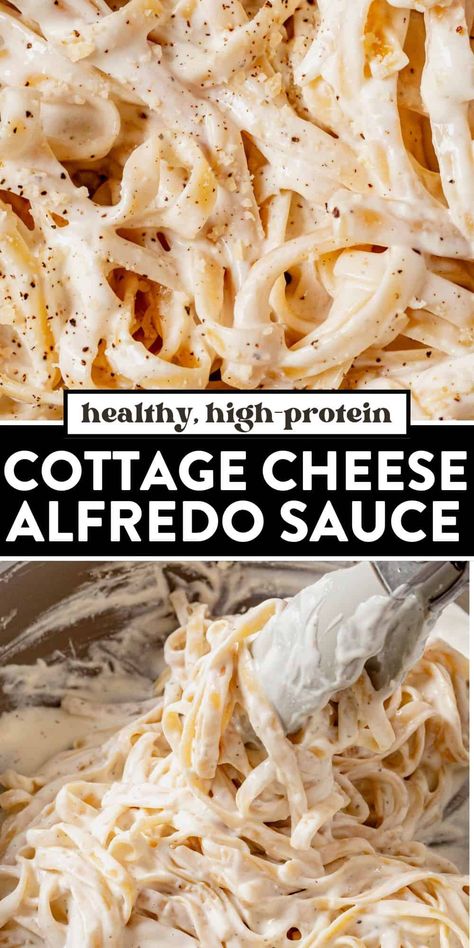 This cottage cheese alfredo comes together in 15 minutes or less and has the same rich and creamy texture as regular alfredo sauce. Skip the heavy cream and butter because this high protein sauce goes well with any pasta dish! It's the best easy, healthy recipe for a weeknight dinner. Healthy Cream Pasta Sauce, Healthy Cottage Cheese Alfredo Sauce, Healthy Cottage Cheese Pasta, Chicken Alfredo Cottage Cheese, High Protein Chicken Alfredo Pasta, Cottage Cheese Pasta Sauce Recipes, Creamy Cottage Cheese Recipes, Cottage Cheese Recipes Pasta, Alfredo Sauce With Cottage Cheese