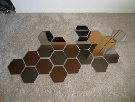 IMG_1402 Honefoss Mirror Ideas, Ikea Honefoss, Hexagon Mirror Wall Decor, Mirror Wall Decor Bedroom, Honeycomb Mirror, Geometric Decals, Mirror Collage, Mirror Decor Living Room, Hexagon Mirror