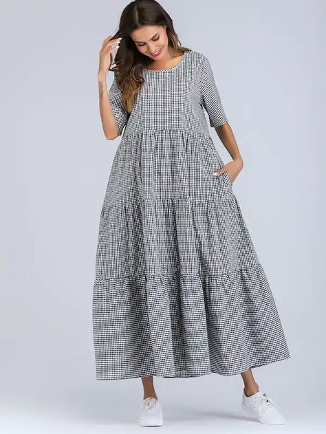 Tiered Gingham Maxi Dress for sale Australia | SHEIN Embroidery Suits Design, Fashionista Clothes, Printed Bodycon Dress, Maxi Dress Online, Round Neck Dresses, Embroidery Suits, Black N White Dress, Cami Dress, Womens Maxi Dresses