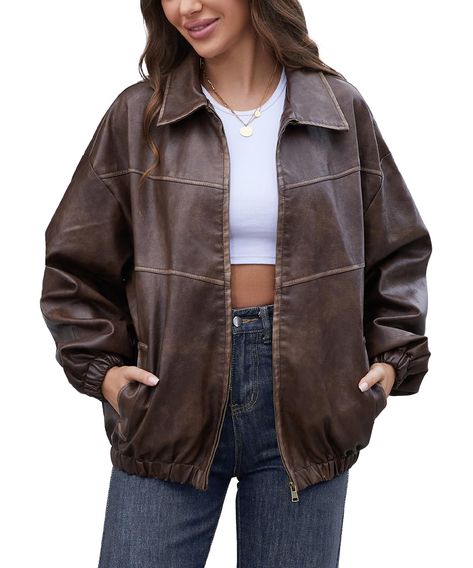 PRICES MAY VARY. [Women Fashion]These faux leather jackets,crafted from soft and comfortable synthetic leather. Handcrafted for a distressed leather jacket, this vintage women motorcycle jacket is both stylish and durable. [Oversized Jacket for Women] For fall 2024, update your wardrobe with this oversized jacket. Featuring long sleeves, a bomber leather jacket design, and vintage zipper details, it combines plus-size options, Y2K styles, punk influences, and a distressed leather coat for a styl Retro Jackets For Women, Lumber Jacket Outfit Women, Winter Coats & Jackets, Soft Edgy Outfits, In Style Outfits, Fall Coats For Women, Vintage Plus Size Fashion, Oversized Leather Jacket, Fall Coats