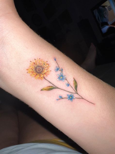 Sunflowers And Forget Me Nots, Forget Me Not And Sunflower, Forget Me Not Flowers Tatoos, Anne Core, Yellow Flower Tattoos, Forget Me Not Flower Tattoo, Cloth Aesthetic, Blue Flower Tattoos, Forget Me Not Tattoo