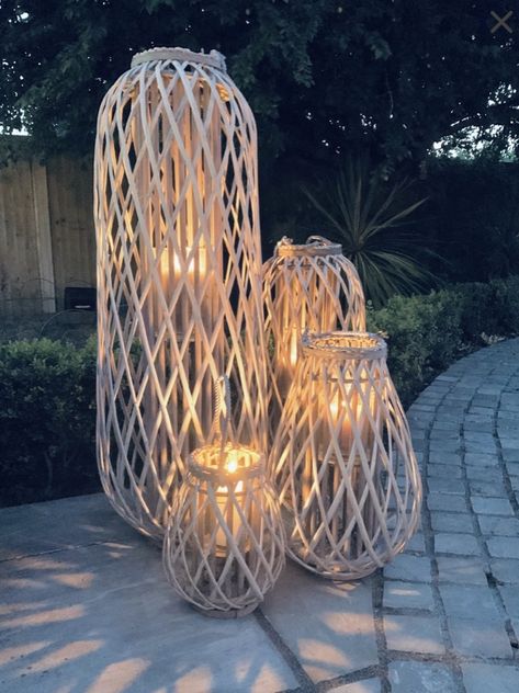 Cane Lanterns, Lanterns In Bedroom, Wicker Candle Holder, Rustic Contemporary Home, Floor Lanterns, Garden Lanterns, Outdoor Candles, Diy Lanterns, Fireplace Hearth