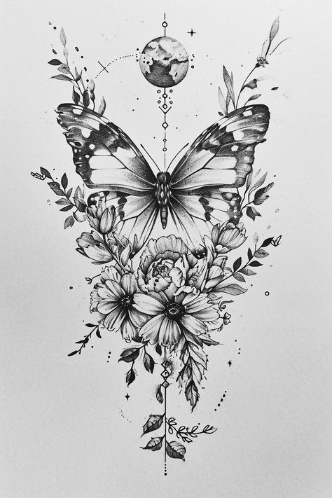 fairycore aesthetic butterfly and flower tattoo design encapsulates a sense of wonder and enchantment #enchantedtattoo Butterfly Garden Tattoo Back, Moth And Butterfly Tattoo Design, Tattoo Ideas Fairycore, Fae Aesthetic Tattoo, Enchanted Tattoo Ideas, Butterfly Family Tattoo, Butterfly Growth Tattoo, Butterfly Leg Tattoo Thighs, Whimsical Butterfly Tattoo