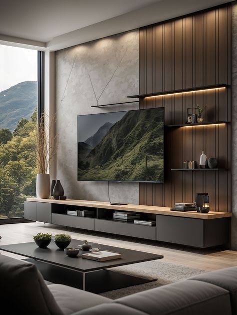 Earthy Tv Wall Design, Media Living Room Ideas, Apartment Decorating Dark Wood, Living Room Entertainment Center Ideas Wall Mounted Tv, Tv Shelf Ideas Living Room, Tv Wall Wallpaper Ideas, Tv Wall With Windows Either Side, Tv Wall Bookshelves, Wood Feature Wall Living Room