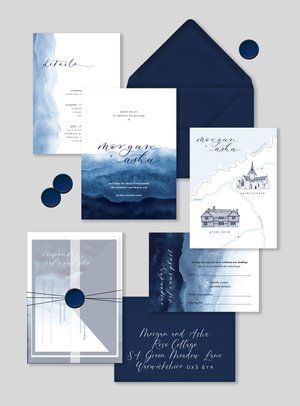 Dark Blue Wedding Invitation - Ocean inspired Watercolour Invites with Custom Map, Thread, Navy Wax Seal, and Vellum Wrap Navy Blue Colour Palette, Custom Wedding Map, Vellum Wrap, Classic Serif Fonts, Green Invitations, Navy Blue Colour, Bespoke Wedding Stationery, Budget Wedding Invitations, Stationery Packaging