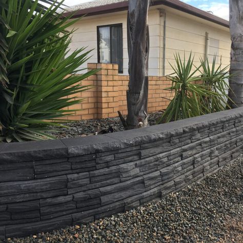 Natural Impressions® Flagstone Retaining Wall Blocks | Adbri Masonry Stacked Flagstone Edging, Garden Rock Retaining Wall, Charcoal Retaining Wall, Painted Brick Retaining Wall, Retainer Wall Landscaping, Retaining Wall Front Yard, Black Retaining Wall, Front Yard Retaining Wall Ideas, Retaining Wall Front Of House