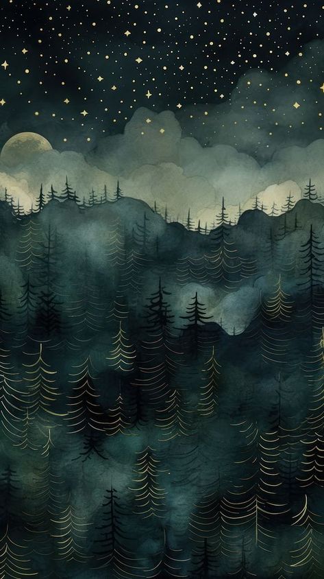 Forest watercolor wallpaper landscape outdoors nature. | free image by rawpixel.com / Boom Night Forest Wallpaper, Dark Forest Wallpaper, Wallpaper Fantasy, Cottagecore Wallpaper, Forest Watercolor, Android Wallpaper Dark, Abstract Aesthetic, Wallpaper Landscape, Night Forest