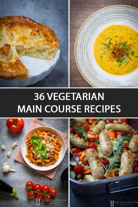 Are you longing for some vegetarian main course recipes to cook at home? Look no further. These 36 vegetarian main course recipes include traditional pasta dishes, Indian inspired dishes, tarts, salads and much more. With such a vast variety of recipes, you'll be able to pick a recipe for each day of the week. Amazing Dinner Recipes Main Courses, Vegetarian Main Course Fine Dining, Gourmet Vegetarian Recipes, Fancy Vegetarian Dinner, Good Vegetarian Meals, Main Course Menu, 5 Course Meal, Cook Vegetarian, Vegetarian Day