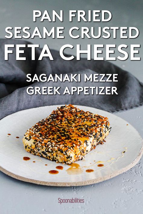 Saganaki fried feta is a simple and easy appetizer recipe made with just a few ingredients. Traditional Greek mezze made by pan-frying a feta cheese block covered in a panko-sesame seed crust. Serve this easy starter plate by drizzling over some honey & aged balsamic vinegar to create a beautiful center table appetizer. Grab some bread or pita chips and enjoy! #friedcheese #mezze #greekfood #cheeselover #appetizer via @Spoonabilities Greek Fried Cheese, Greek Mezze, Greek Appetizer, Fried Feta, Saganaki Recipe, Cheese Block, Greek Appetizers, Feta Cheese Recipes, Pan Frying