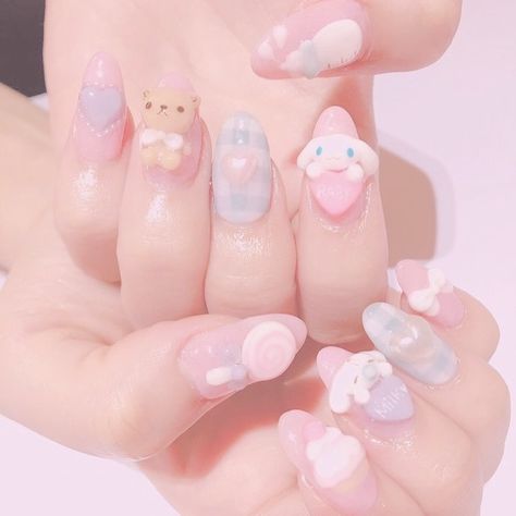 Kawaii\cute nails with cute aesthetic charms Aesthetic Nails Kawaii, Sanrio Jelly Nails, Kawaii Sanrio Nails, Sanrio Nail Charms, Kawaii Nails With Charms, Cute Sanrio Nails, Cinnamoroll Nails, Sanrio Charms, Nails Sanrio